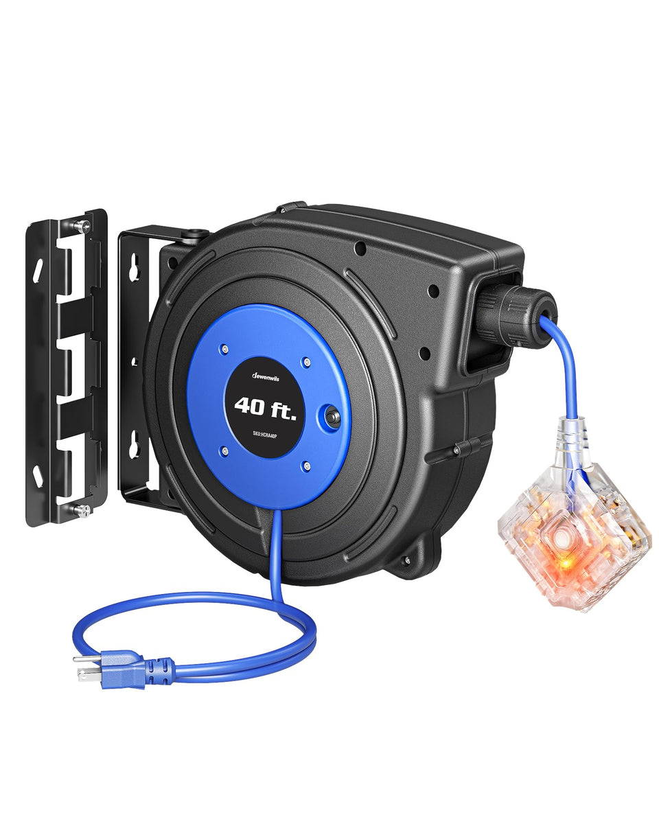 DEWENWILS retractable cord reel with 6 outlets for flexible power access, 40 ft reach.