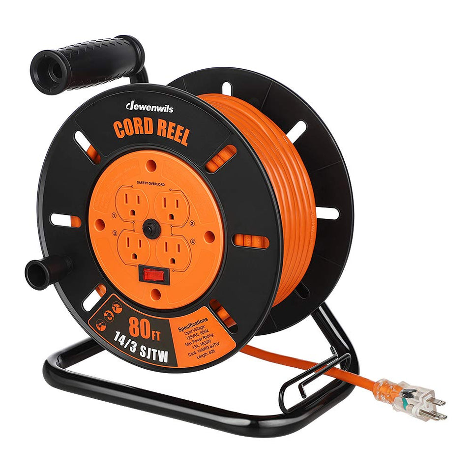 DEWENWILS retractable extension cord reel 80ft front view for indoor/outdoor use.