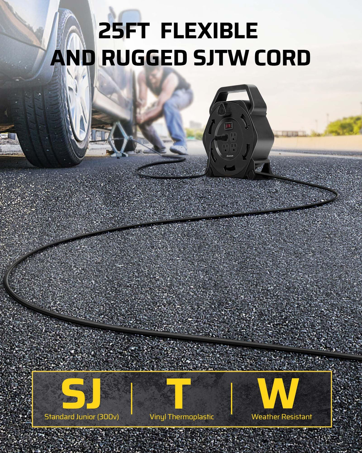 DEWENWILS next to measuring tape highlighting 25-foot cord length and scale