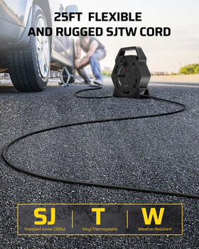 DEWENWILS next to measuring tape highlighting 25-foot cord length and scale