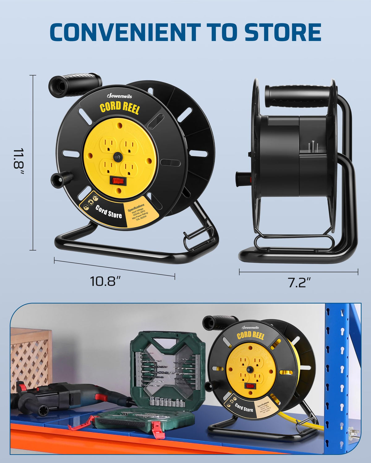 DEWENWILS reel holding 12/3 cord to show capacity and gauge compatibility