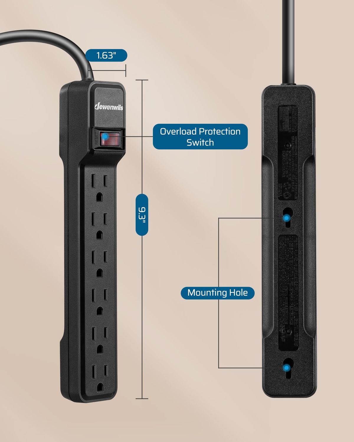 DEWENWILS mounted under a desk showing tidy cable management and accessible outlets