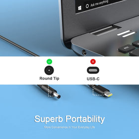 Dexpt 65W Dell Latitude adapter rear view, space-saving profile for travel-friendly charging.