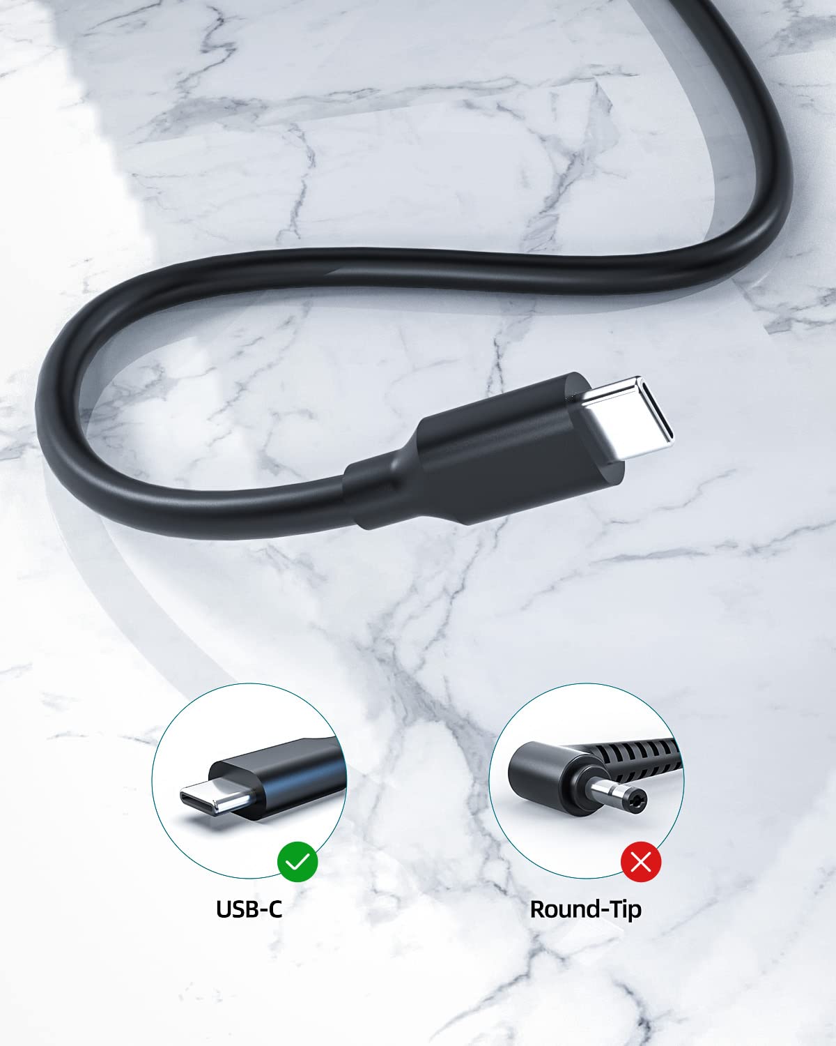 Dexpt USB-C charger close-up of the USB-C connector for Asus Chromebook.