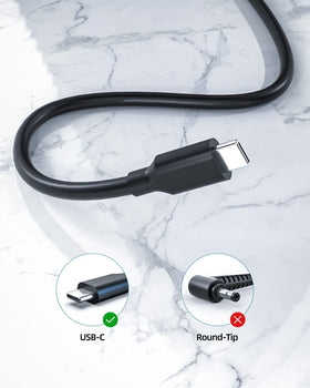 Dexpt USB-C charger close-up of the USB-C connector for Asus Chromebook.