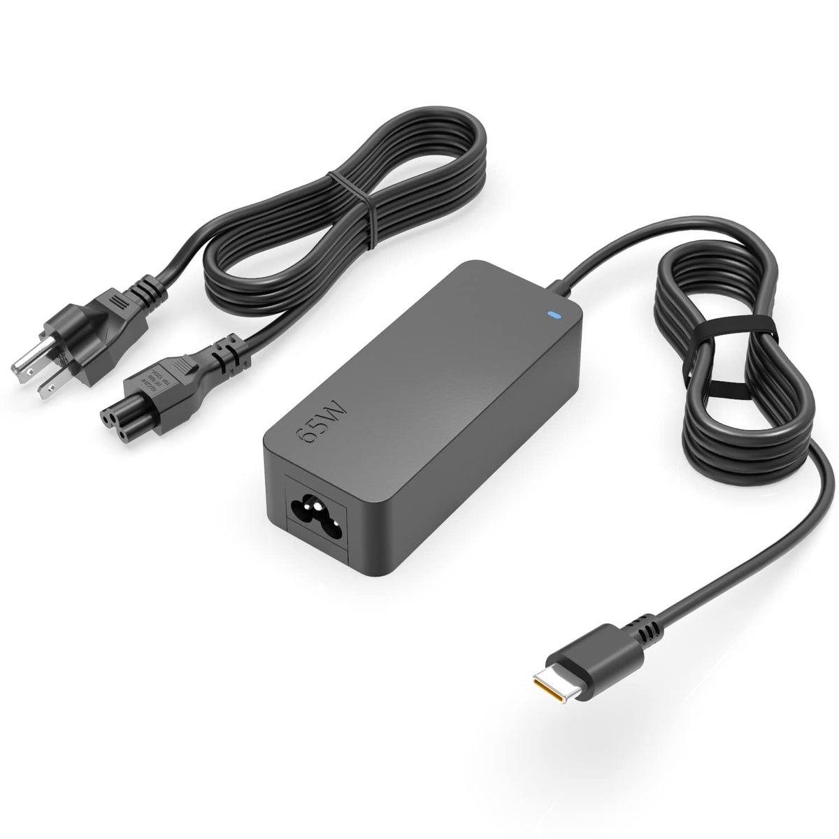 Dexpt laptop charger USB-C plug connected to a Lenovo ThinkPad for reliable power