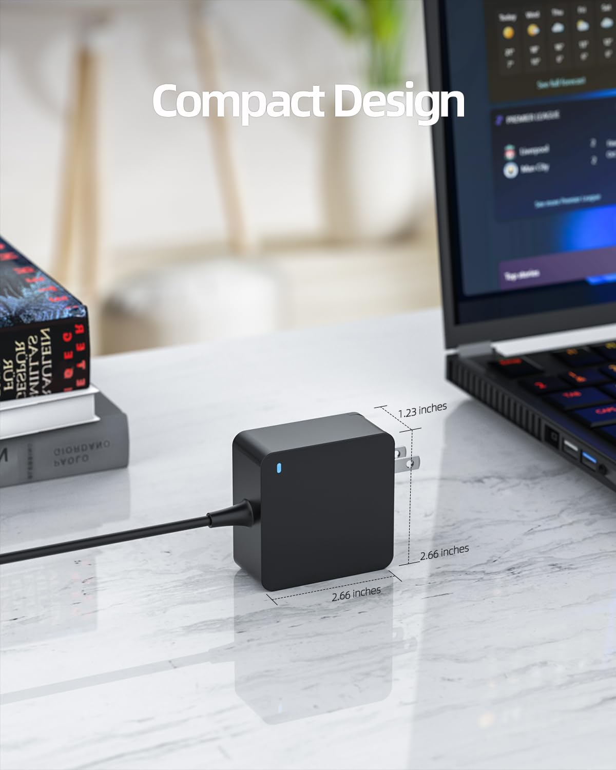 Dexpt product scale next to laptop showing size and portability benefits