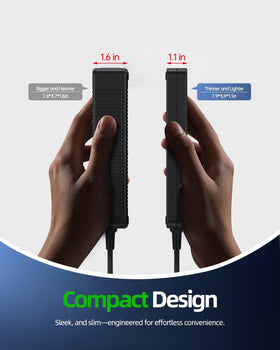 Dexpt next to hand for scale, demonstrates compact size and portability