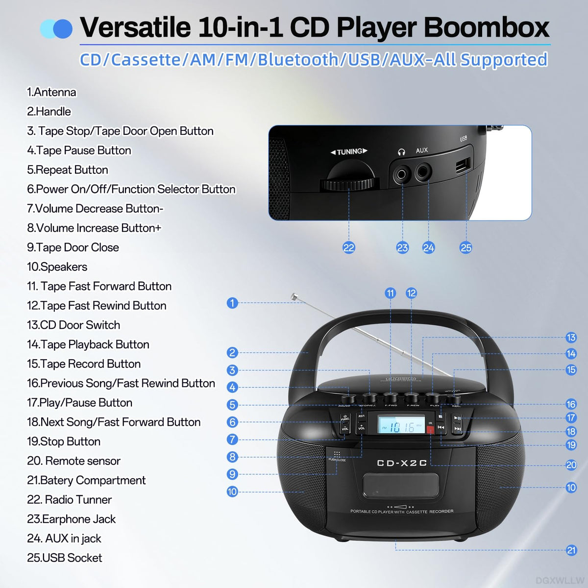 DGXWLLW cassette tape insertion illustrates retro playback and easy tape access.
