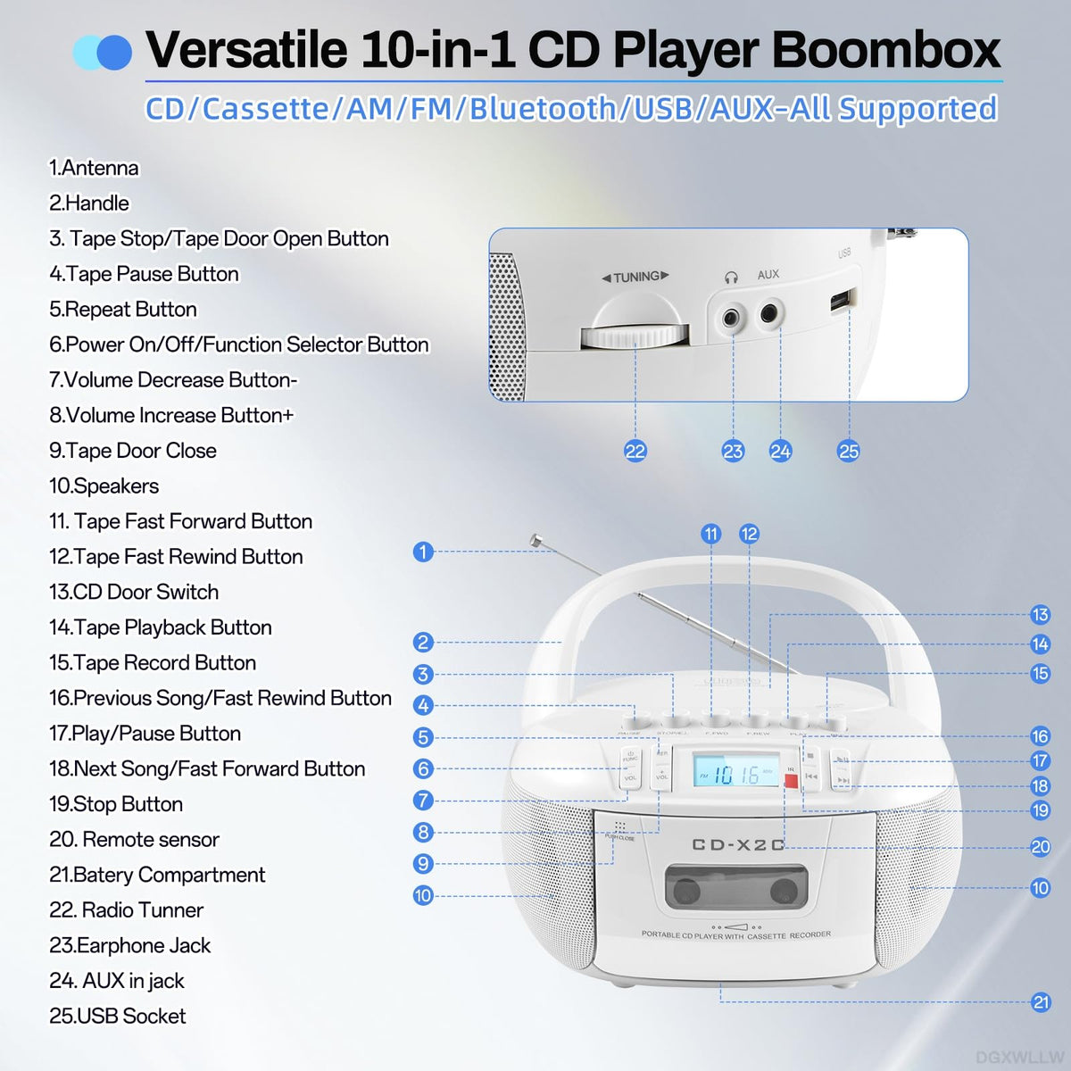 DGXWLLW CD tray open displaying disc slot and playback convenience
