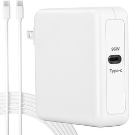 DHMXDC 96W USB-C charger powering a MacBook Pro safely and efficiently.