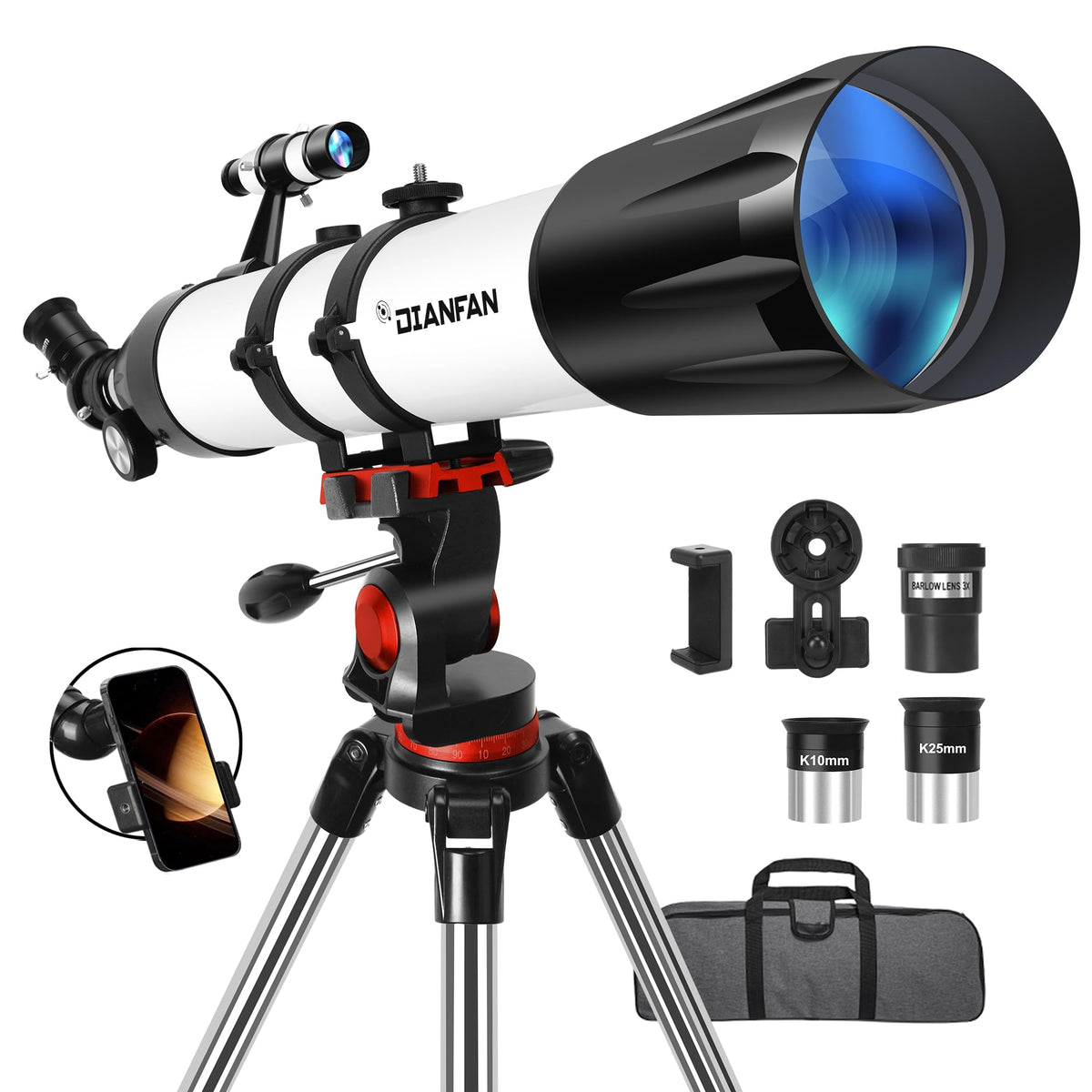 Dianfan telescope front view highlights 90mm aperture for brighter night sky viewing.