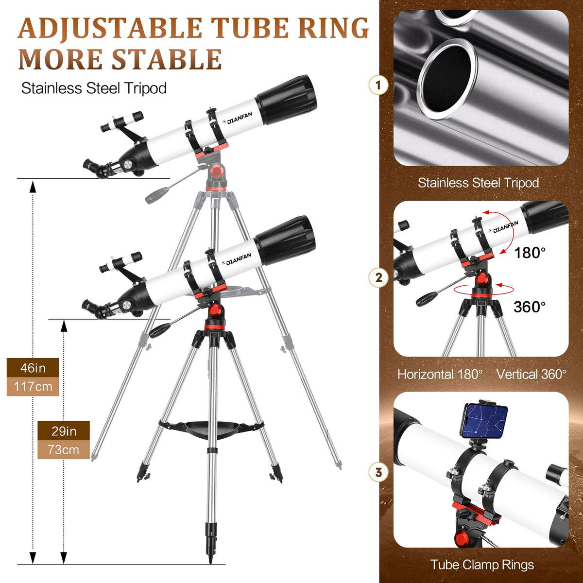 Dianfan telescope with 45-degree zenith mirror preserves upright orientation for terrestrial viewing.
