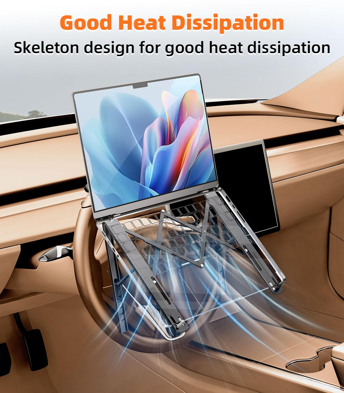 DICMKY mounted on steering wheel in car, secure hands-free workspace