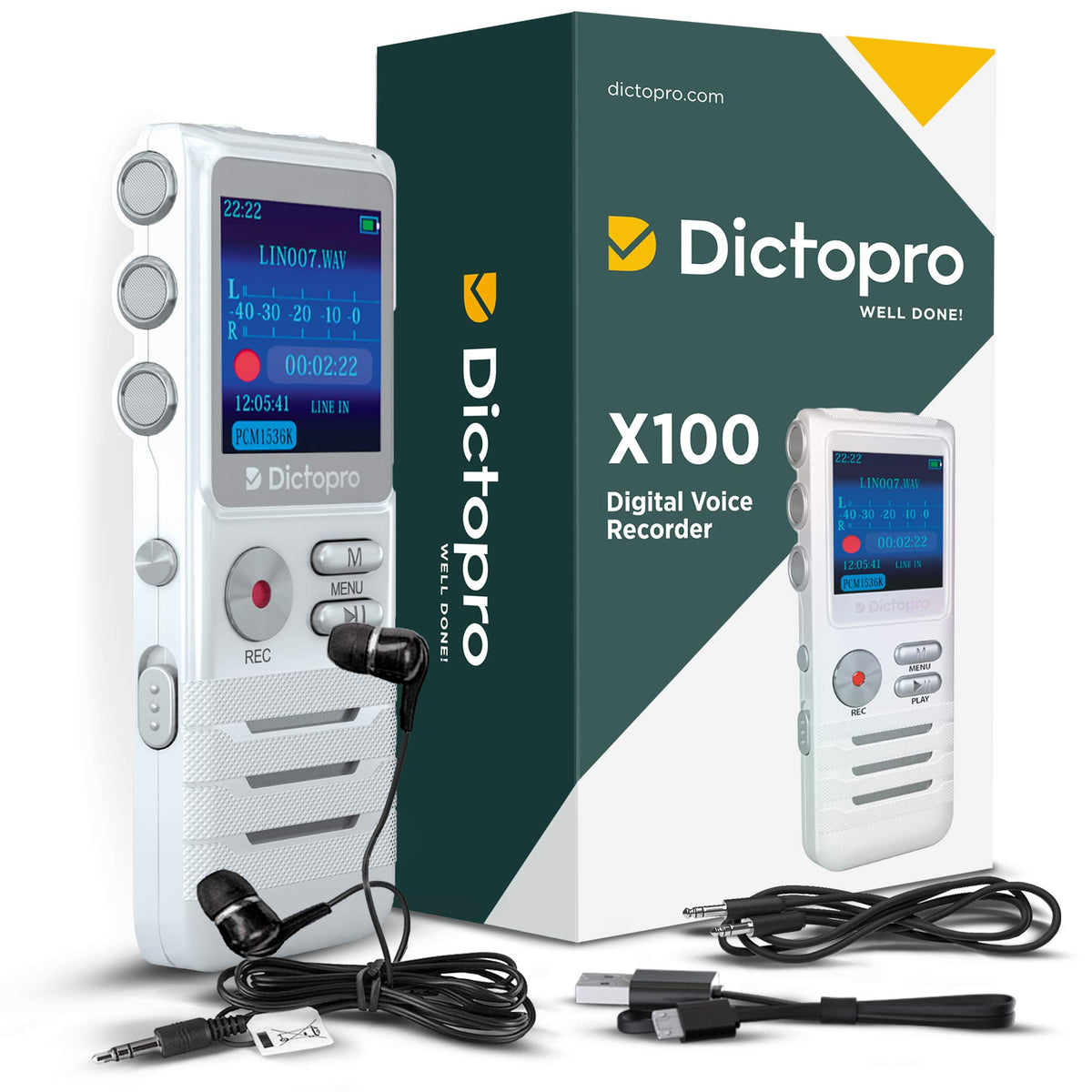 Dictopro X100 in pocket for scale, portable recording on the go