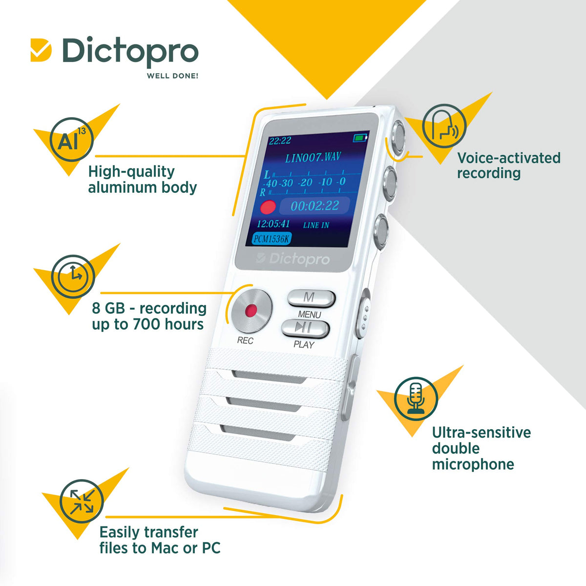 Dictopro X100 dual microphone array top view, capturing distant voices clearly
