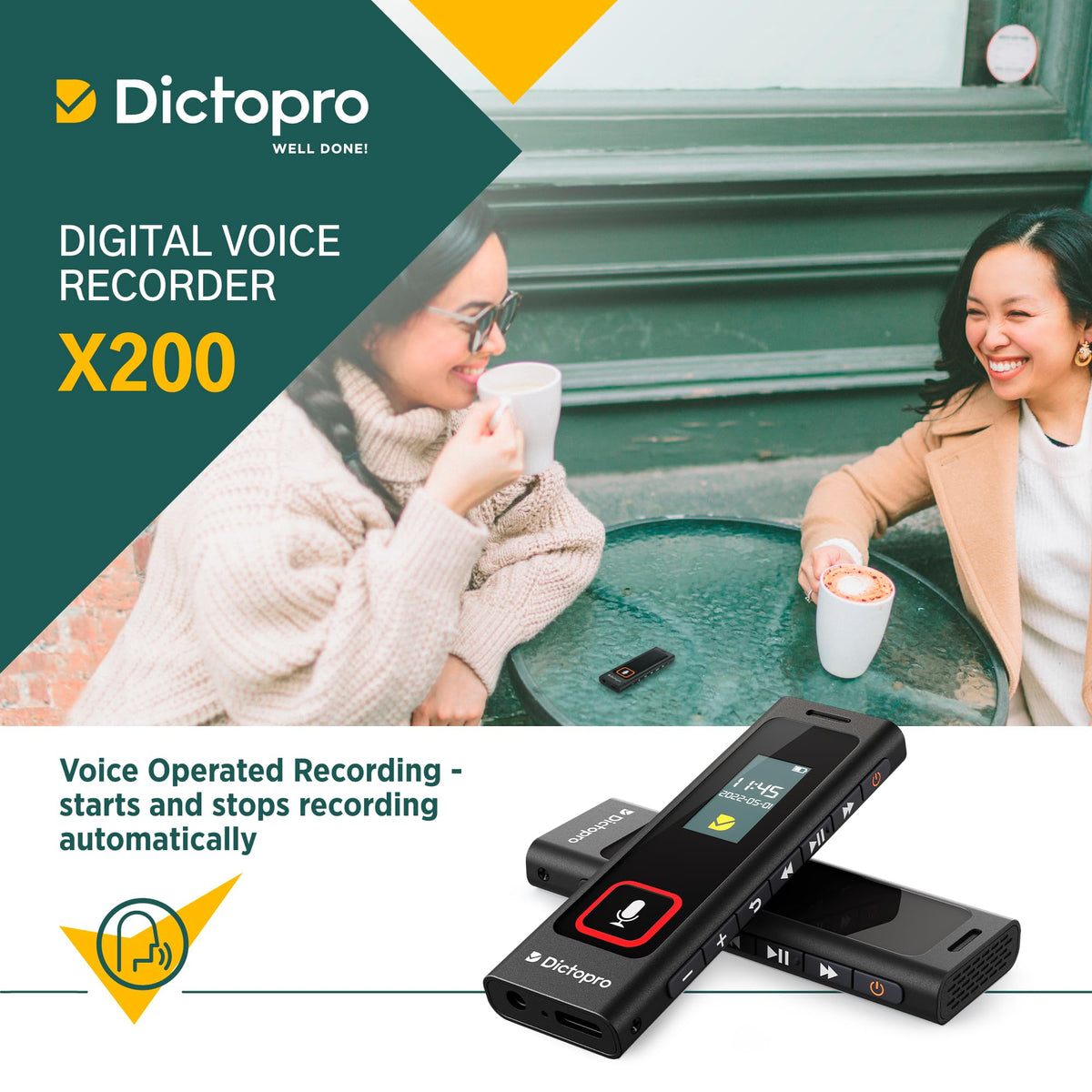 Dictopro X200 on desk among study items showing reliable long-session use