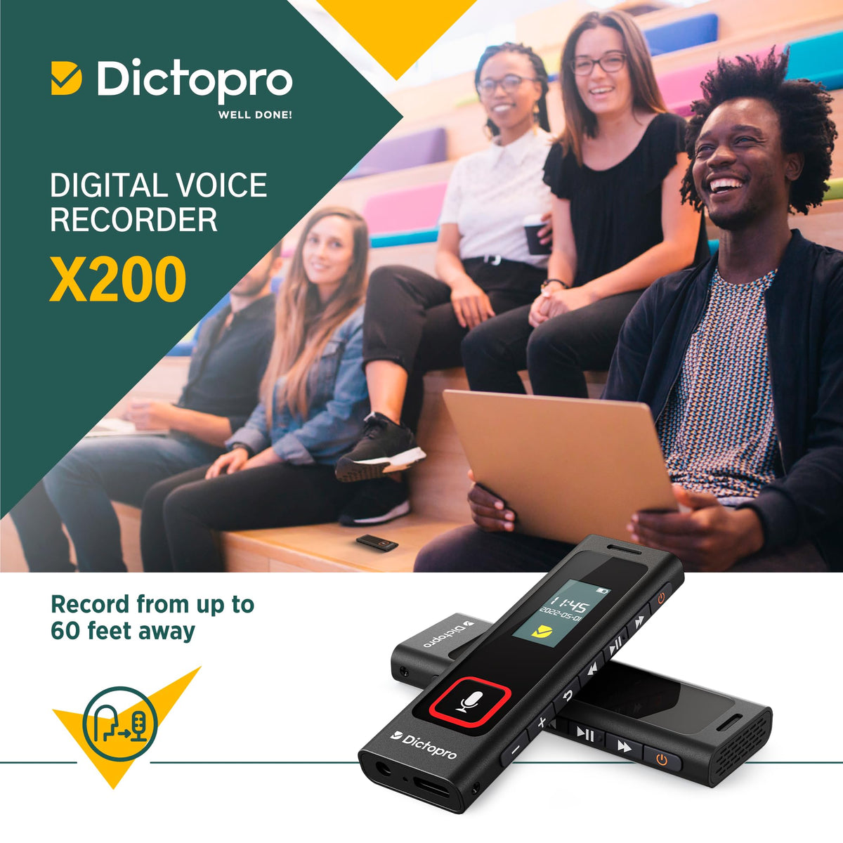 Dictopro X200 beside lecture notes demonstrating quick recording for students