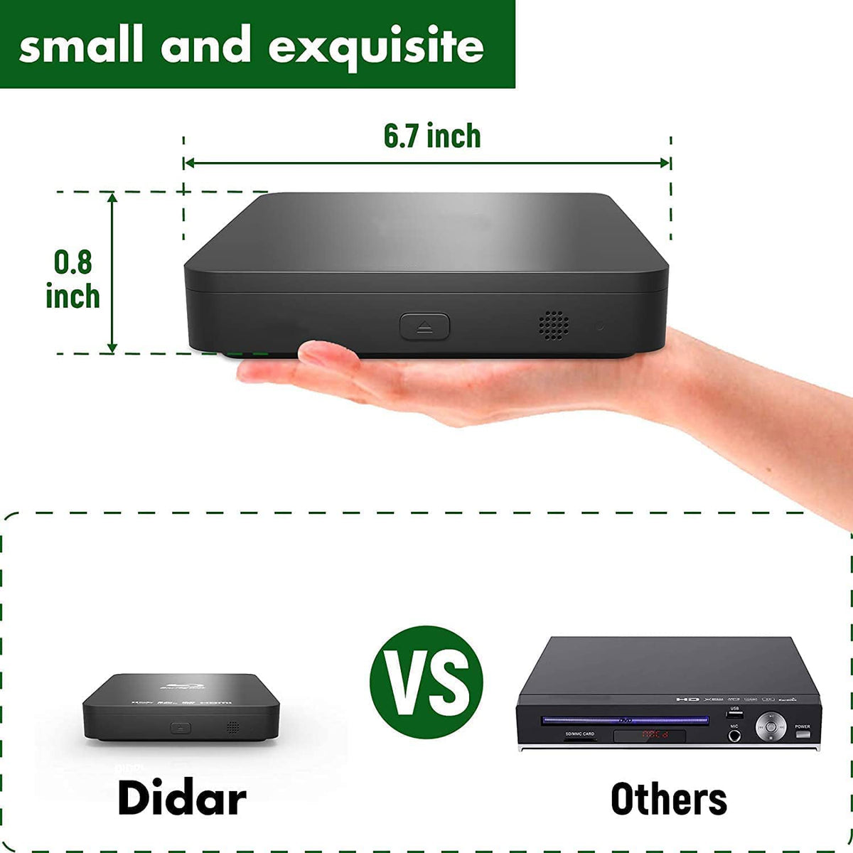 Didar Blu Ray DVD Player compact slim design fits narrow shelves and desks