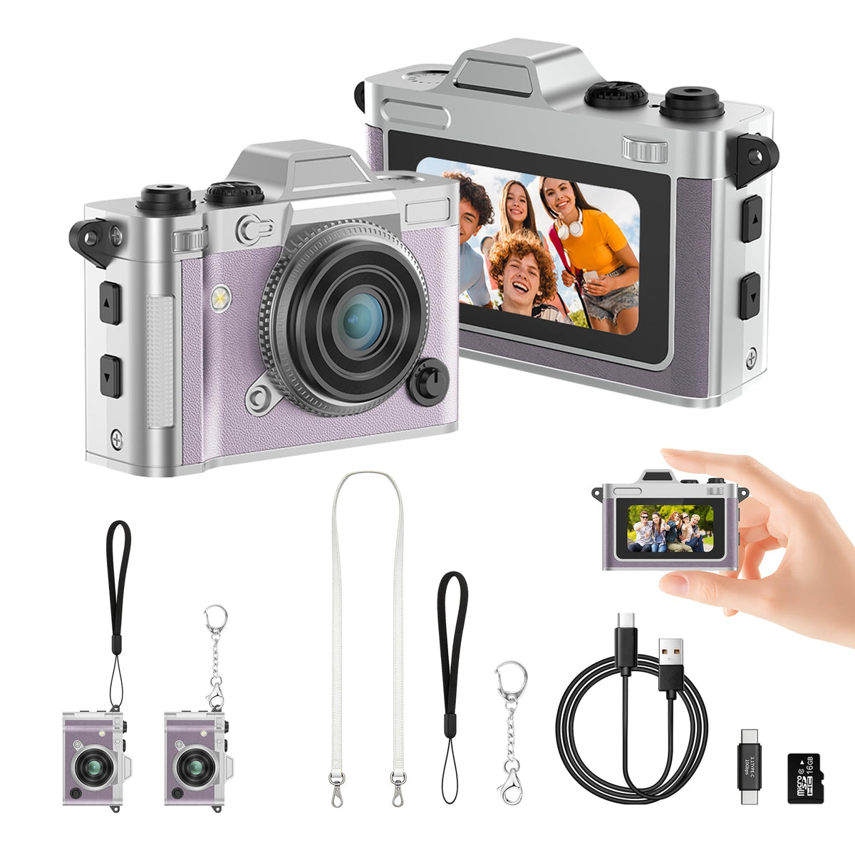 Dienspeak front view showing compact purple retro camera, portable and stylish