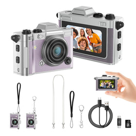 Dienspeak front view showing compact purple retro camera, portable and stylish