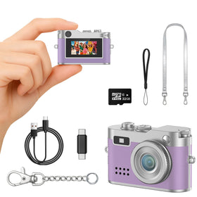 Dienspeak front view of purple mini camera showing compact design and portability