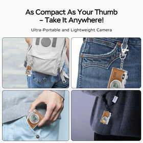 Dienspeak mini camera in hand showing small scale and travel-friendly size