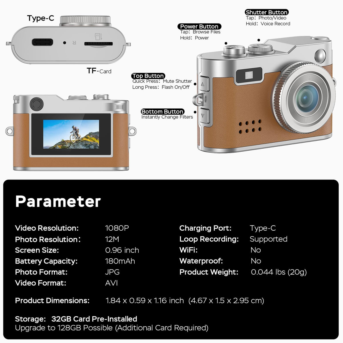 Dienspeak mini camera with accessories showing included 32GB card and OTG