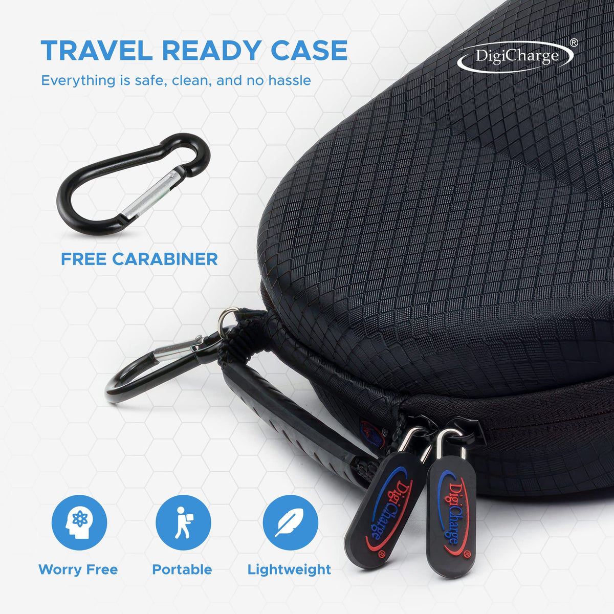 DigiCharge case includes a detachable carabiner for clip-on portability.