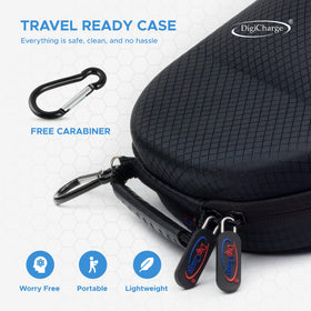 DigiCharge case includes a detachable carabiner for clip-on portability.