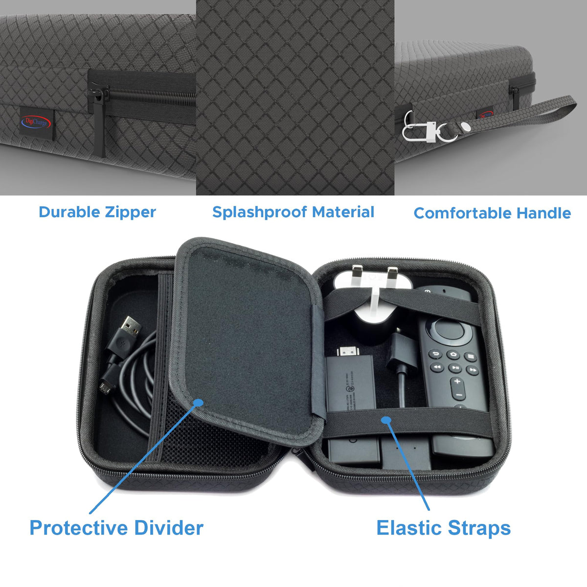 DigiCharge interior elastic straps secure Fire TV Stick and accessories during transit