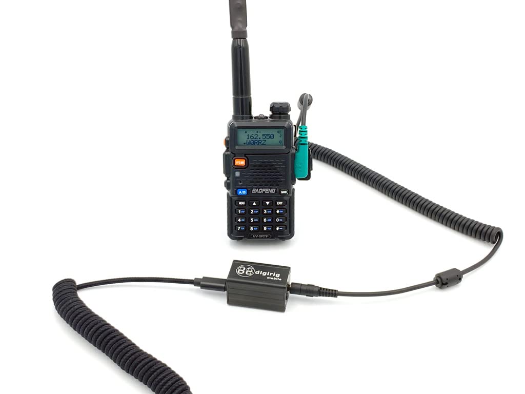 Digirig cable plugged into Baofeng HT in a car showing quick setup and mobile digital use