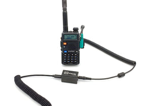 Digirig cable plugged into Baofeng HT in a car showing quick setup and mobile digital use
