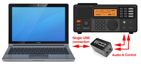 Digirig closeup of Mini-DIN-6 audio and PTT connector showing reliable audio routing