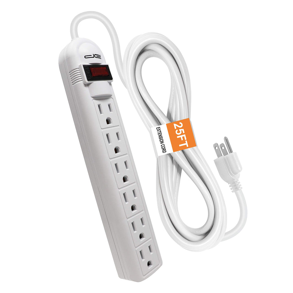 Digital Energy 6-outlet surge protector front view with 25-foot cord, ideal for home office setup.
