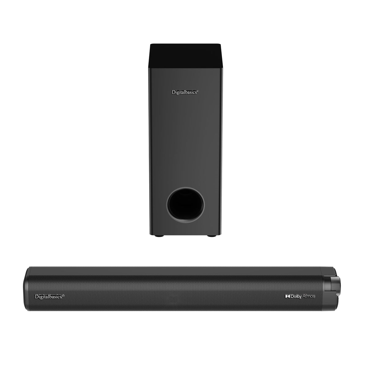 Digitalbasics Dolby Atmos soundbar front view with sleek profile and immersive audio