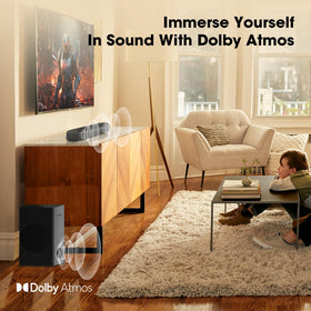 Digitalbasics Dolby Atmos soundbar with subwoofer setup showing powerful bass
