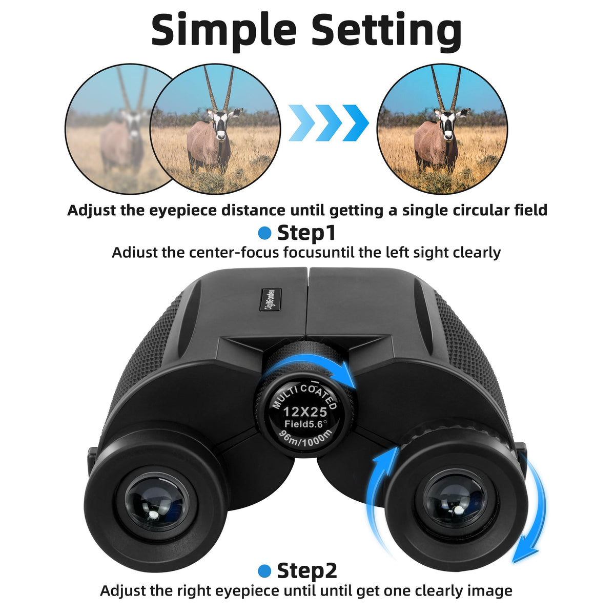 Digitgarden binoculars 12x25 easy focus center for beginners.