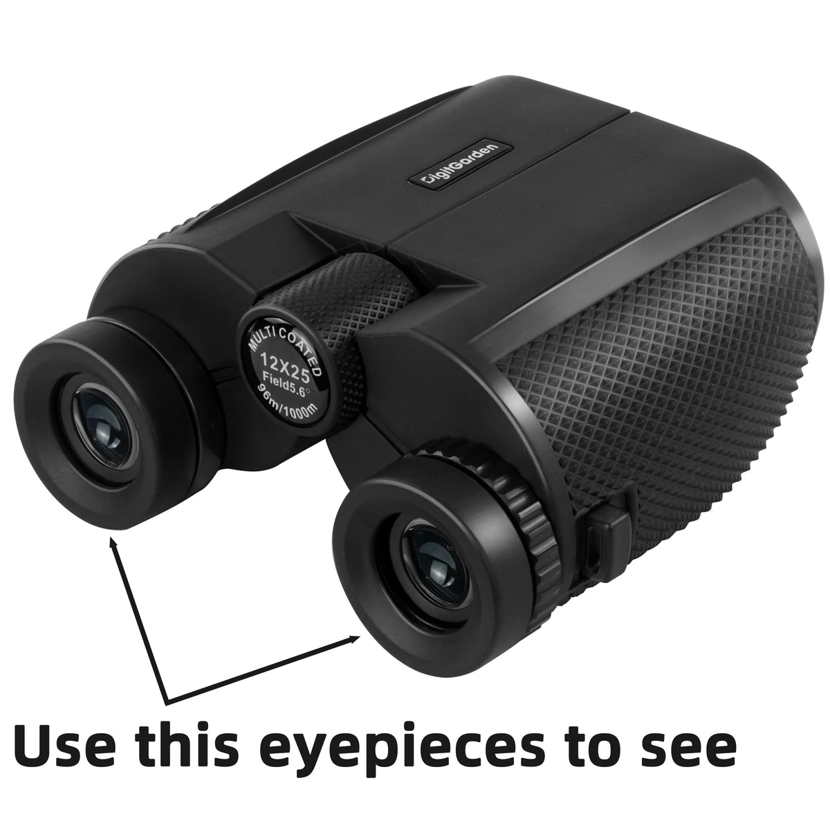 Digitgarden binoculars 12x25 eyepieces close-up for comfortable eyeglass viewing.