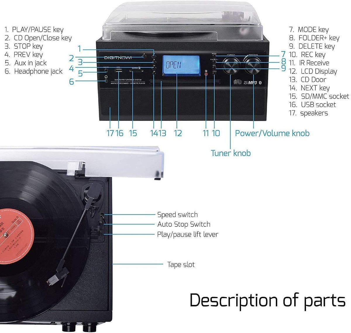 DIGITNOW AM/FM radio section for favorite stations at home.