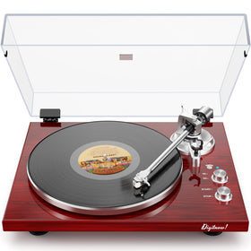 DIGITNOW belt-drive turntable with wood plinth and red dust cover for warm vinyl playback