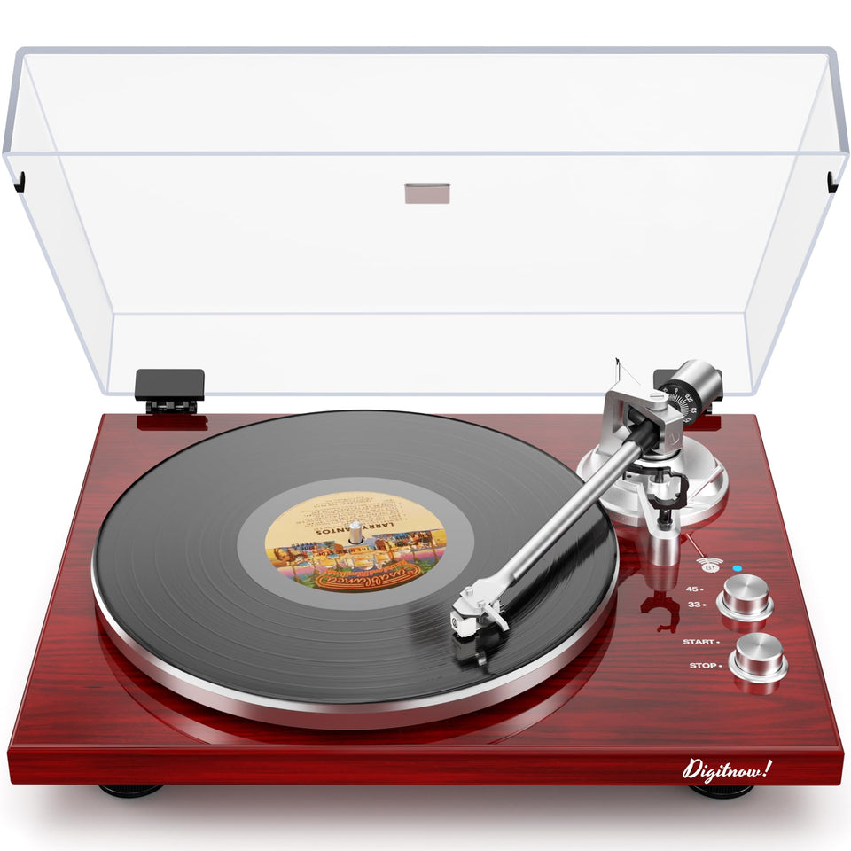 DIGITNOW belt-drive turntable with wood plinth and red dust cover for warm vinyl playback