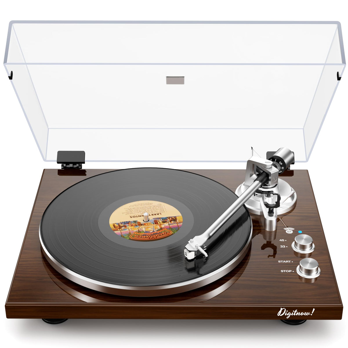 DIGITNOW belt-drive turntable on a wooden plinth delivers warm vinyl playback.
