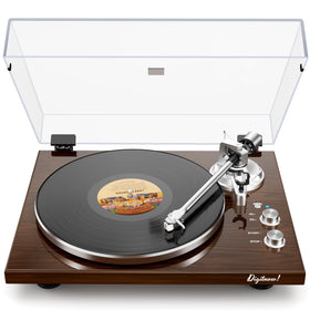 DIGITNOW belt-drive turntable on a wooden plinth delivers warm vinyl playback.