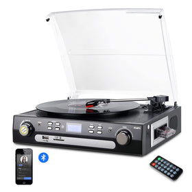 DIGITNOW Bluetooth record player front view with built-in speakers for rich, room-filling sound.