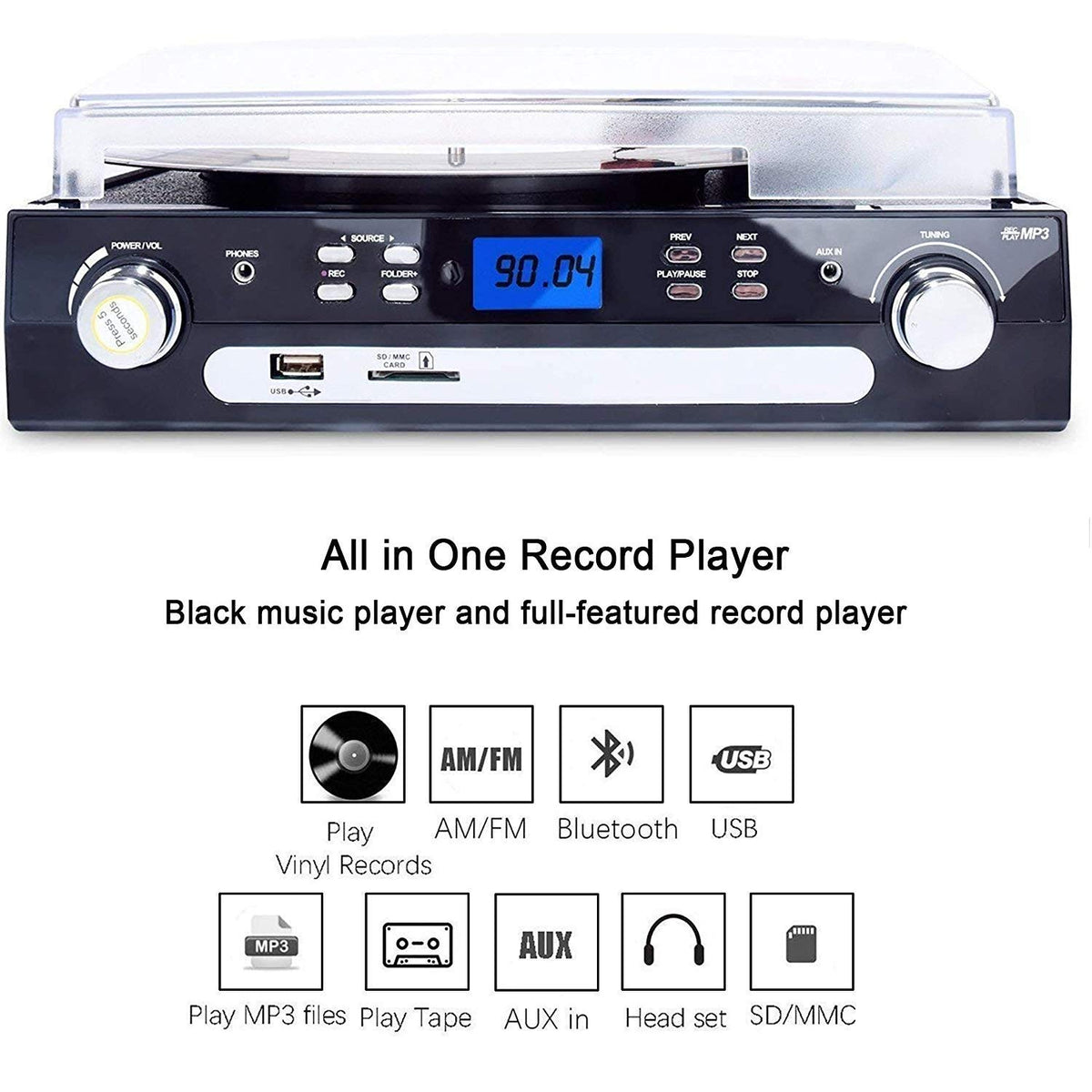 DIGITNOW Bluetooth record player side view showing a compact, versatile home audio setup.