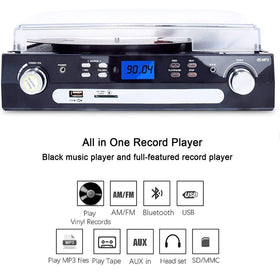 DIGITNOW Bluetooth record player side view showing a compact, versatile home audio setup.