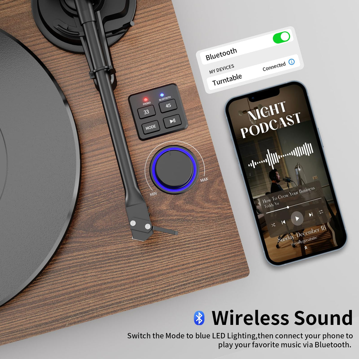DIGITNOW Bluetooth turntable streaming from a mobile device to speakers