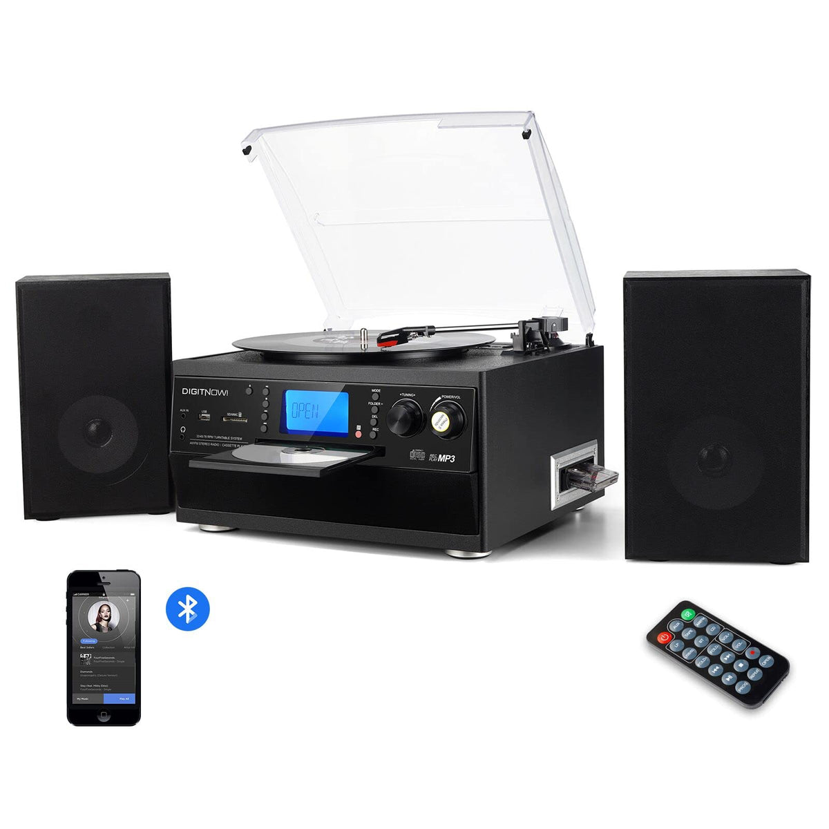 DIGITNOW Bluetooth turntable with stereo speakers for wireless listening.