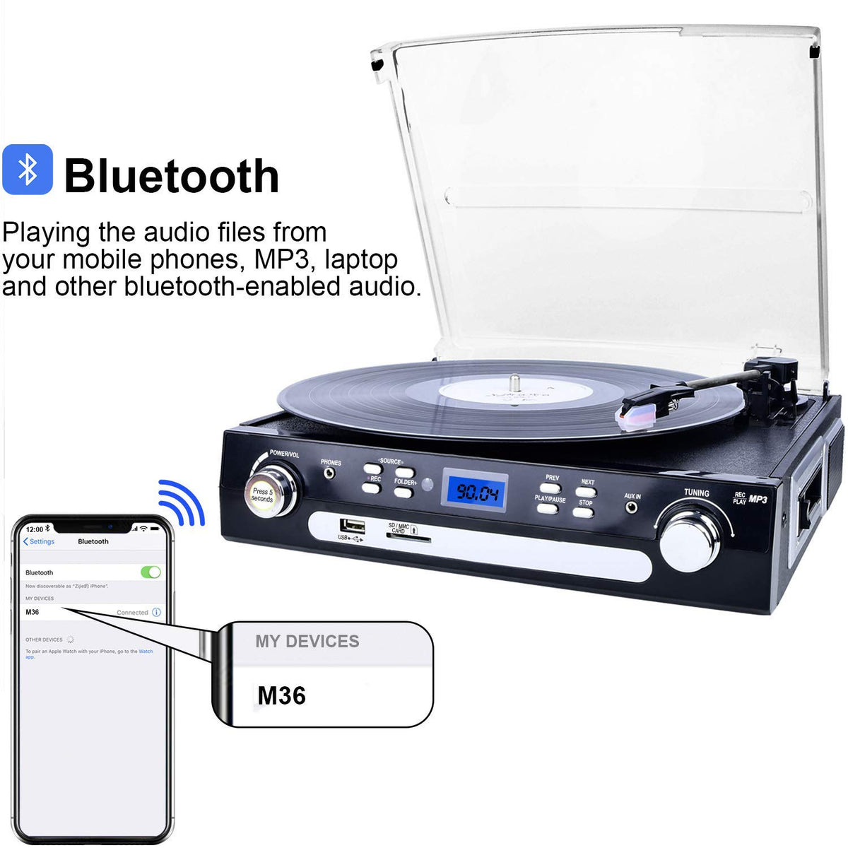 DIGITNOW cassette deck open, showcasing retro playback with easy fast-forward function.
